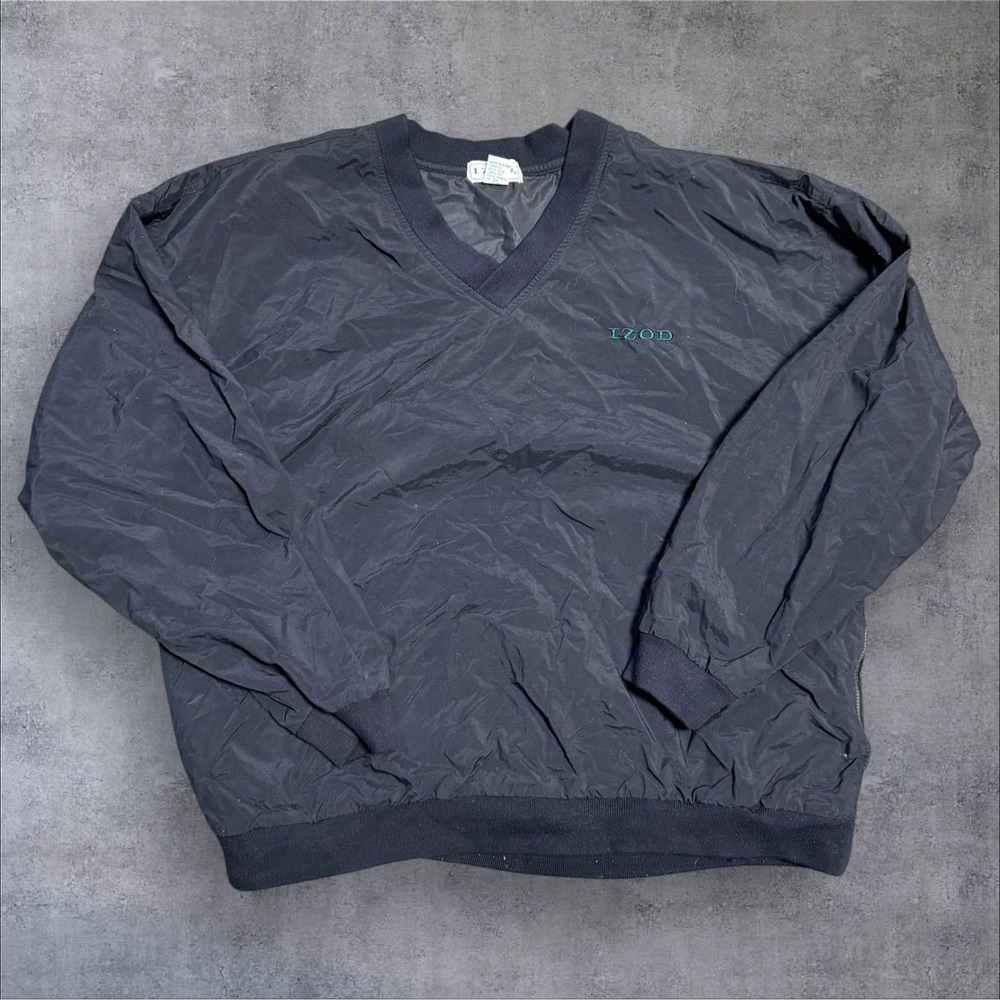 Izod Sweater Men's Large Black Pullover Windbreaker V-Neck Pockets Logo Golf